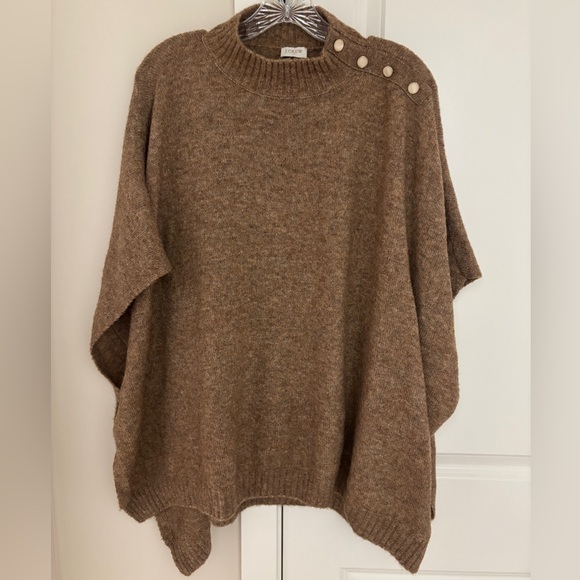J Crew Button-Neck Poncho Sweater, Wool Blend Knit Mock-neck, One Size - Picture 1 of 7